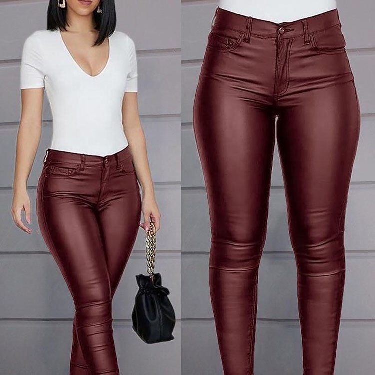 Black Tight PU Leather Strech Pants Set Women Girls PU Pants