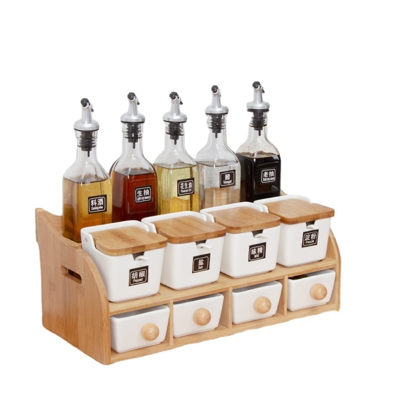 Seasoning Container Set with Bamboo Display Rack for Sugar  Pepper Salt  Sauce and More