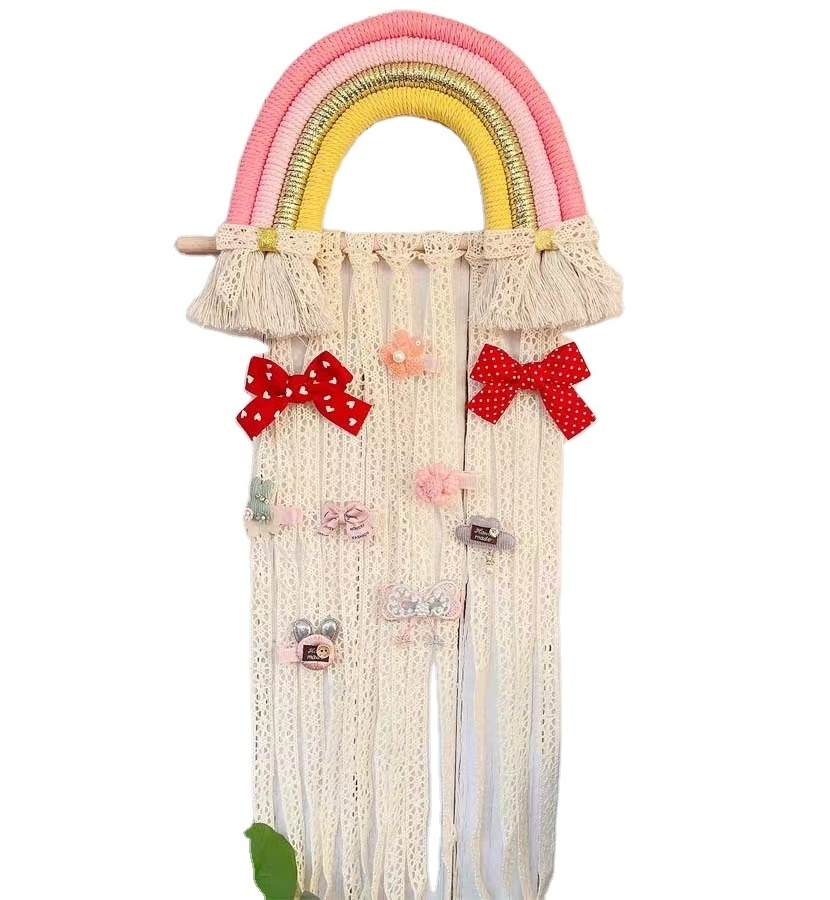 Hand Woven Hair Accessories Children Hairpin Storage Belt Wall Hanging Decor for Baby Girls Room Rainbow Tassel Hair Bow Holder