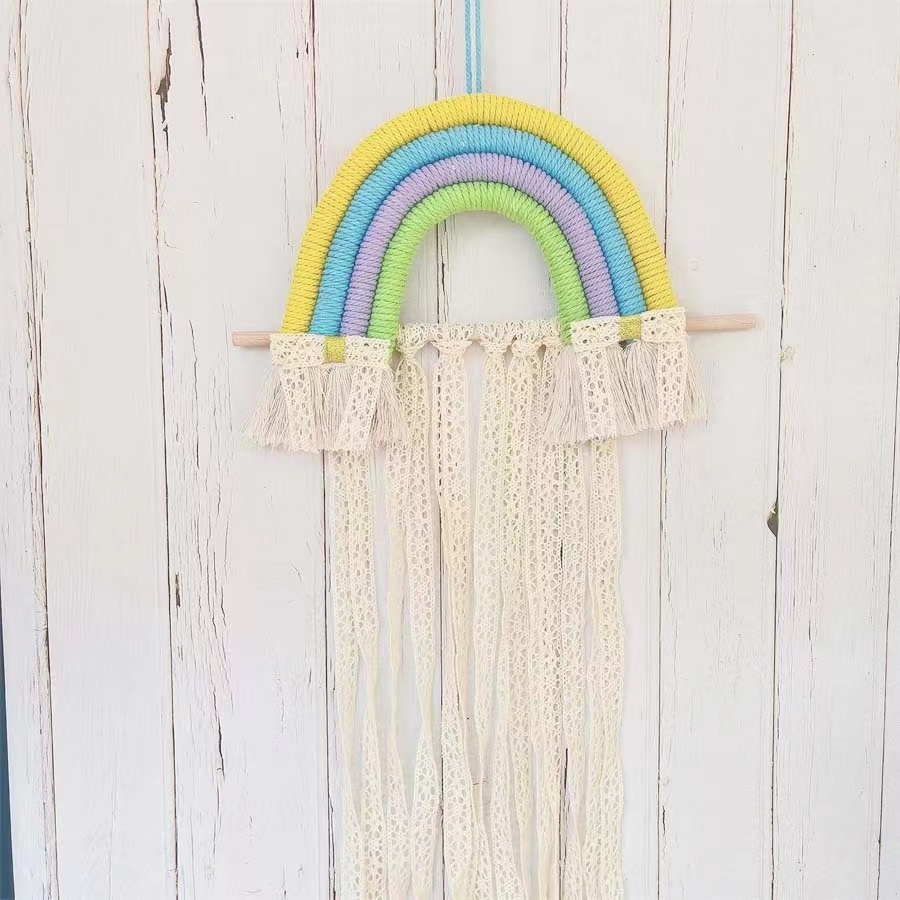 Hand Woven Hair Accessories Children Hairpin Storage Belt Wall Hanging Decor for Baby Girls Room Rainbow Tassel Hair Bow Holder