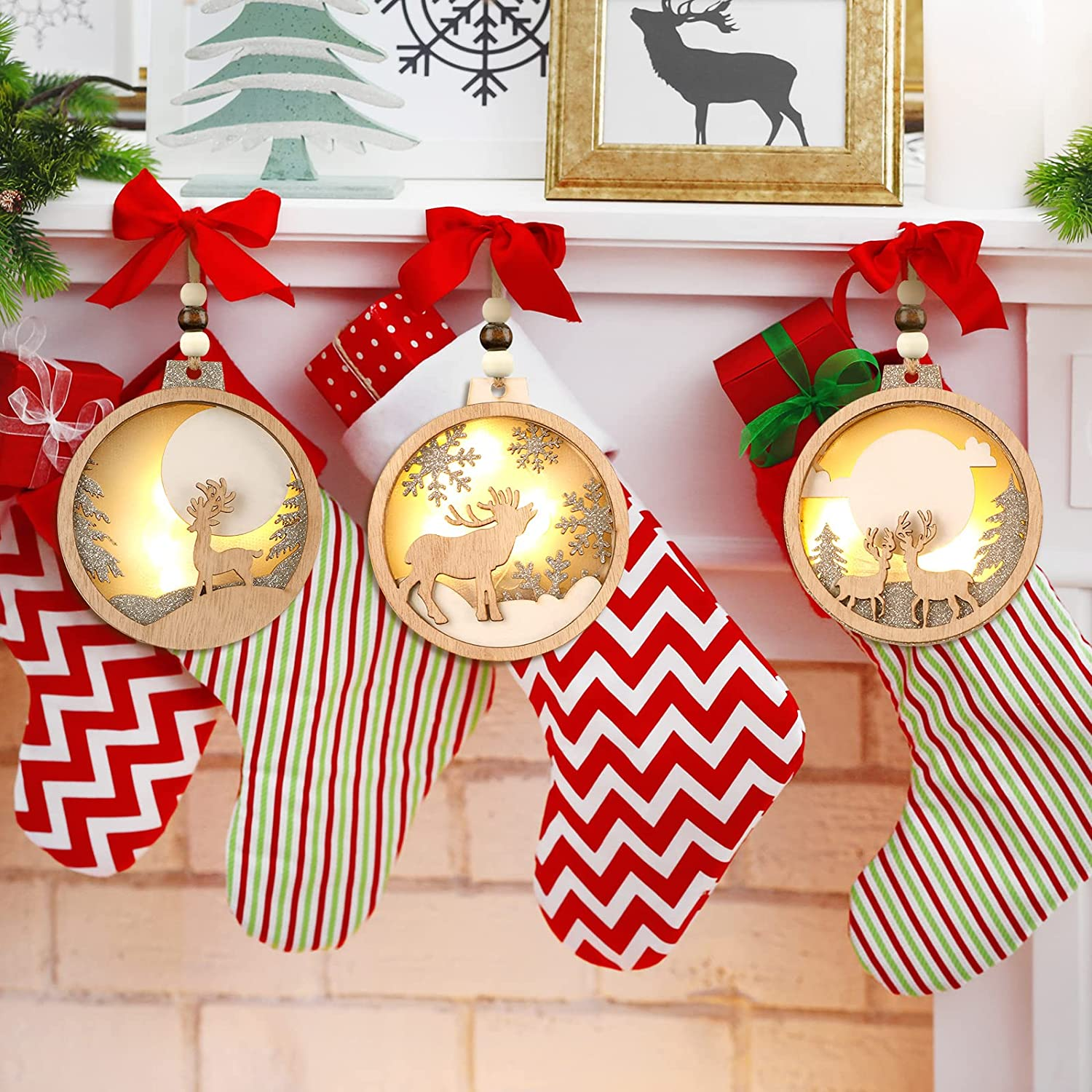 Farmhouse Rustic Ornaments Set Decorations Hanging Glitter Reindeer Wood Tree 3D LED Christmas Decorations