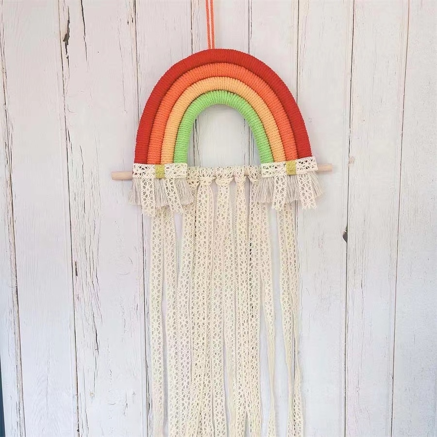 Hand Woven Hair Accessories Children Hairpin Storage Belt Wall Hanging Decor for Baby Girls Room Rainbow Tassel Hair Bow Holder