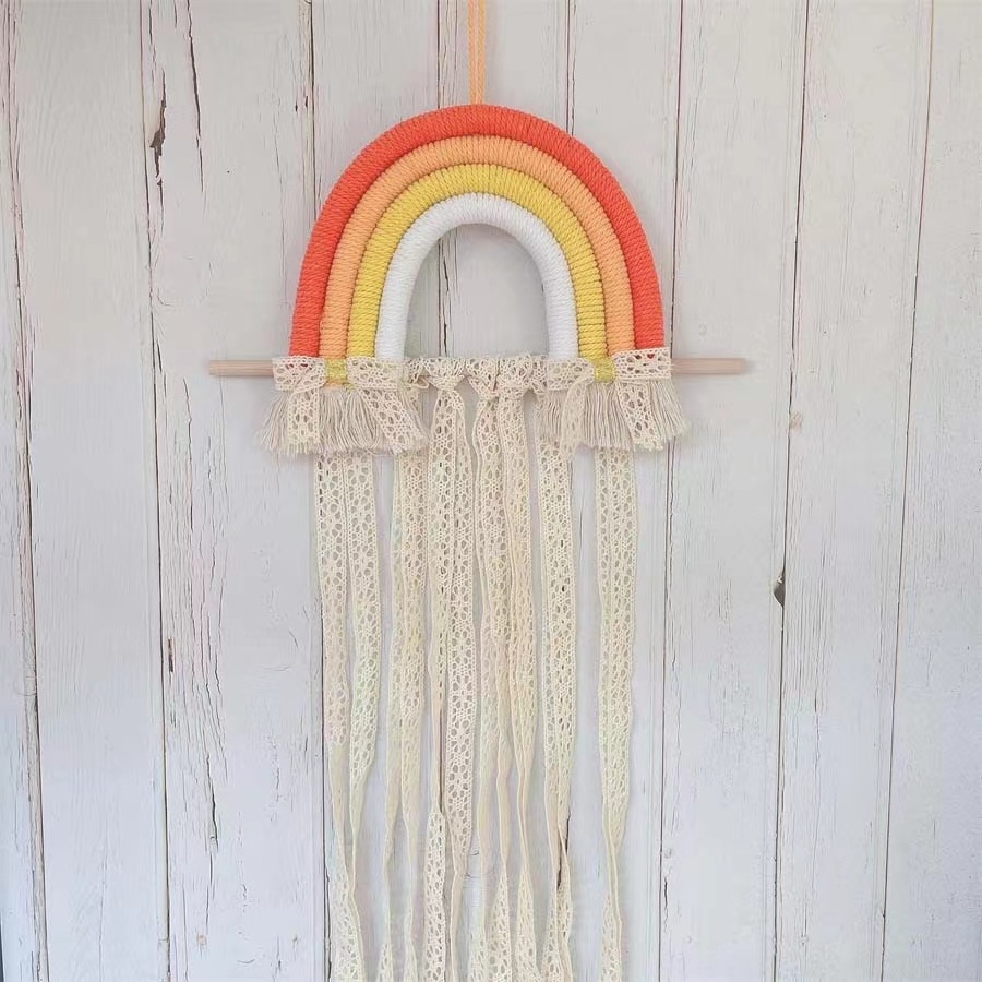 Hand Woven Hair Accessories Children Hairpin Storage Belt Wall Hanging Decor for Baby Girls Room Rainbow Tassel Hair Bow Holder