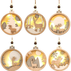 Farmhouse Rustic Ornaments Set Decorations Hanging Glitter Reindeer Wood Tree 3D LED Christmas Decorations