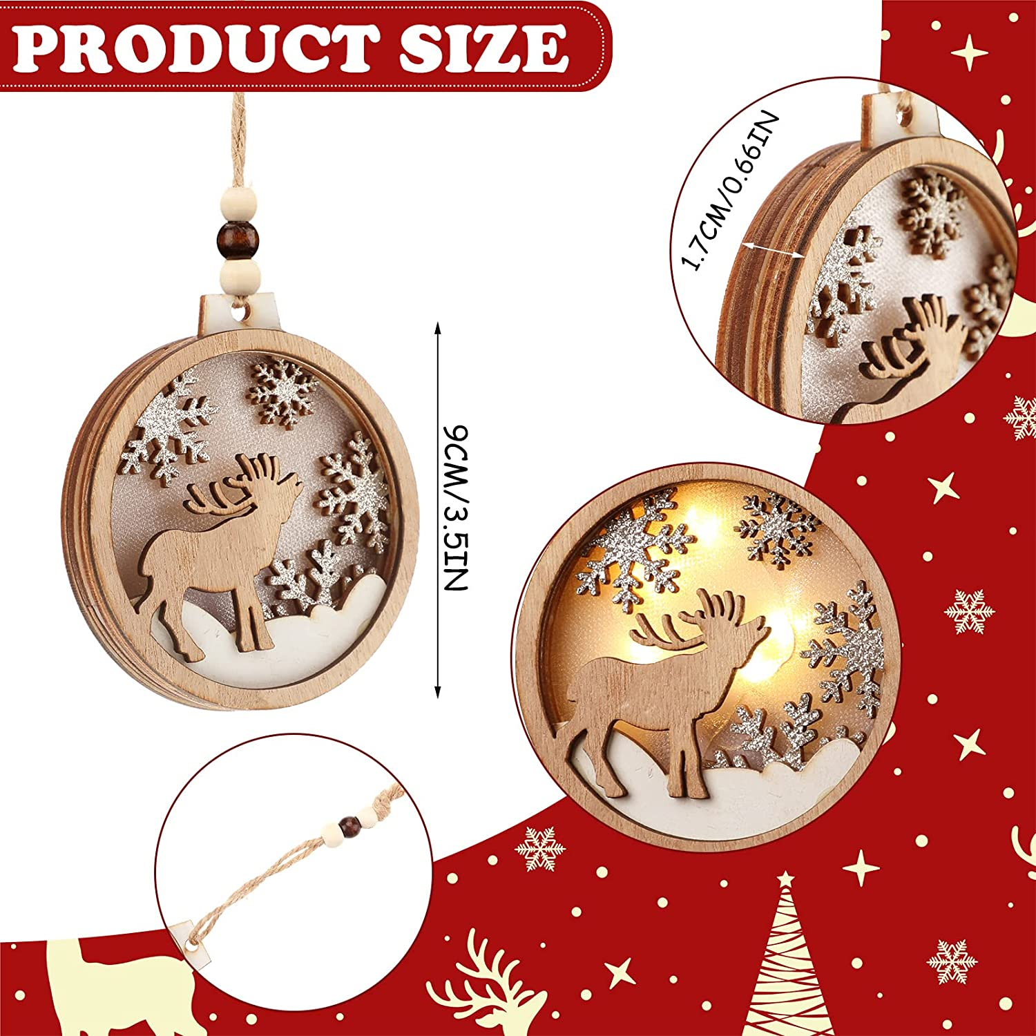 Farmhouse Rustic Ornaments Set Decorations Hanging Glitter Reindeer Wood Tree 3D LED Christmas Decorations