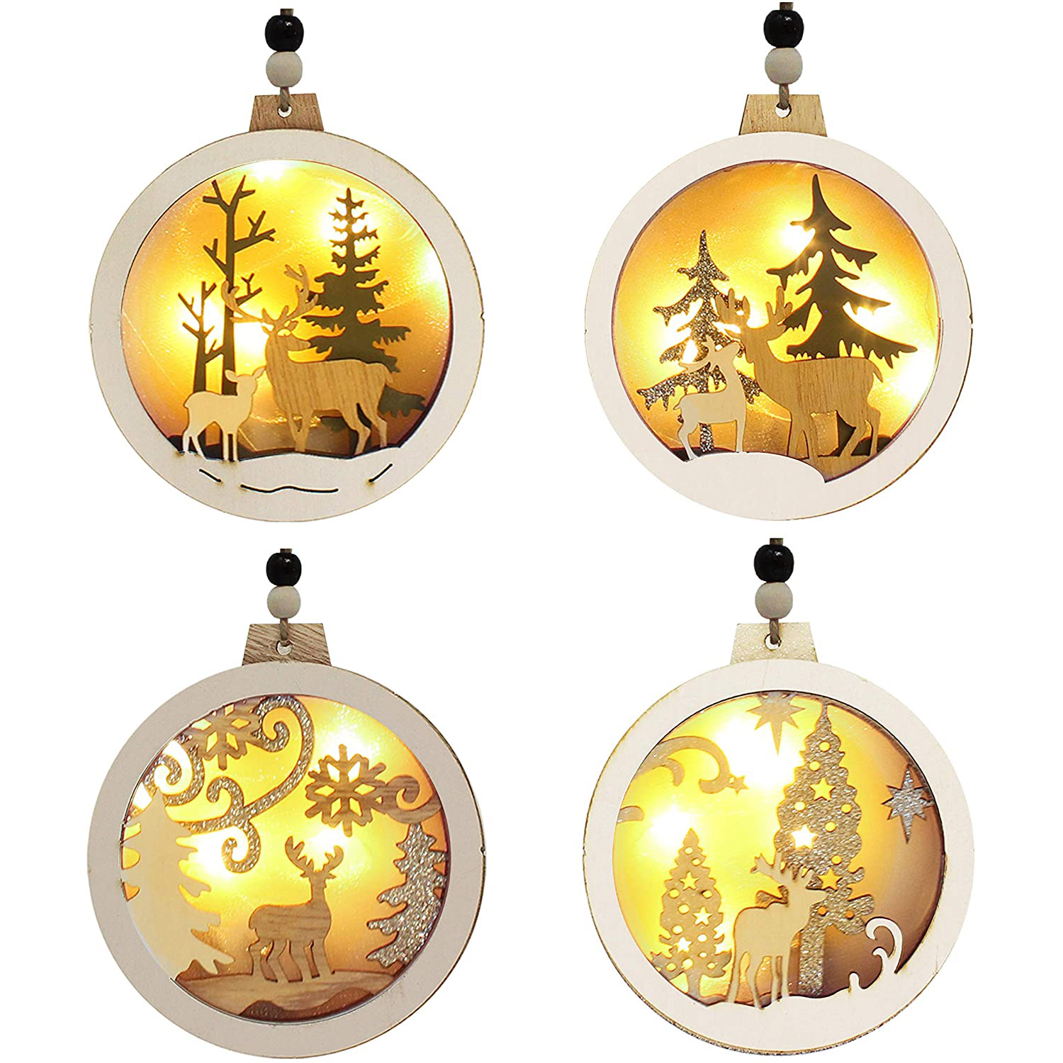 Farmhouse Rustic Ornaments Set Decorations Hanging Glitter Reindeer Wood Tree 3D LED Christmas Decorations