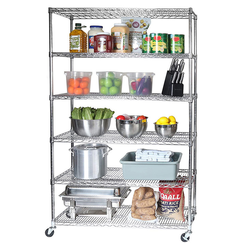 4 layers Adjustable rolling storage shelves wire rack warehouse metal wheels shelving home chrome wire shelving