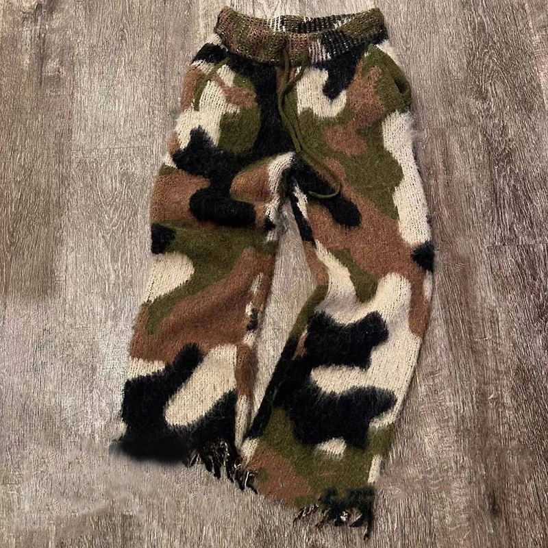 Custom Oversized Streetwear Unisex Mohair Wool Camo Sweat Pants Print Drawstring Fluffy Fuzzy Knit Mohair Track Pants For Men