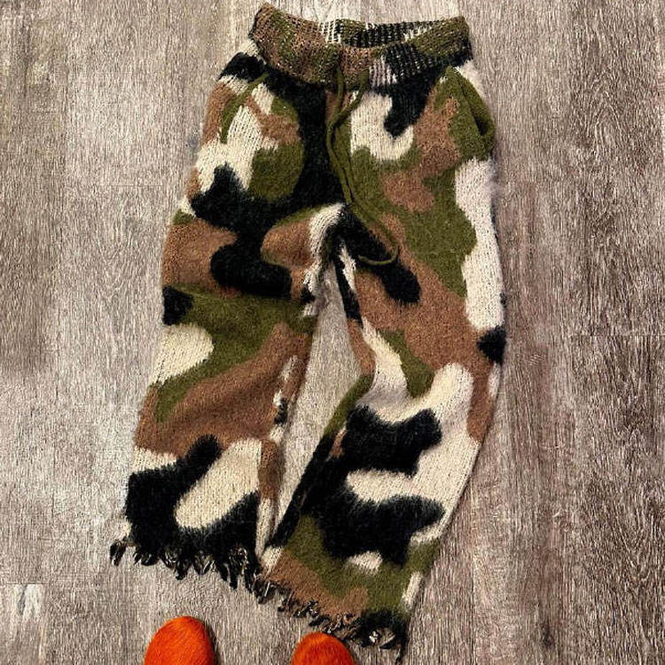 Custom Oversized Streetwear Unisex Mohair Wool Camo Sweat Pants Print Drawstring Fluffy Fuzzy Knit Mohair Track Pants For Men