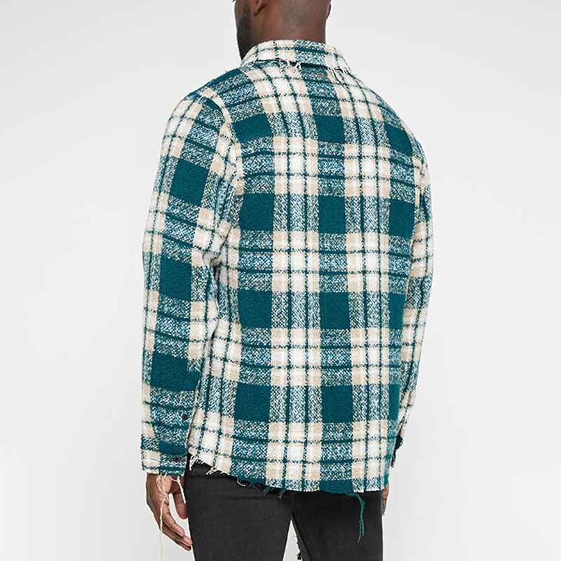 Wholesale Raw Edge Plaid Shirt Custom Distressed Textured Check Flannel Shirts