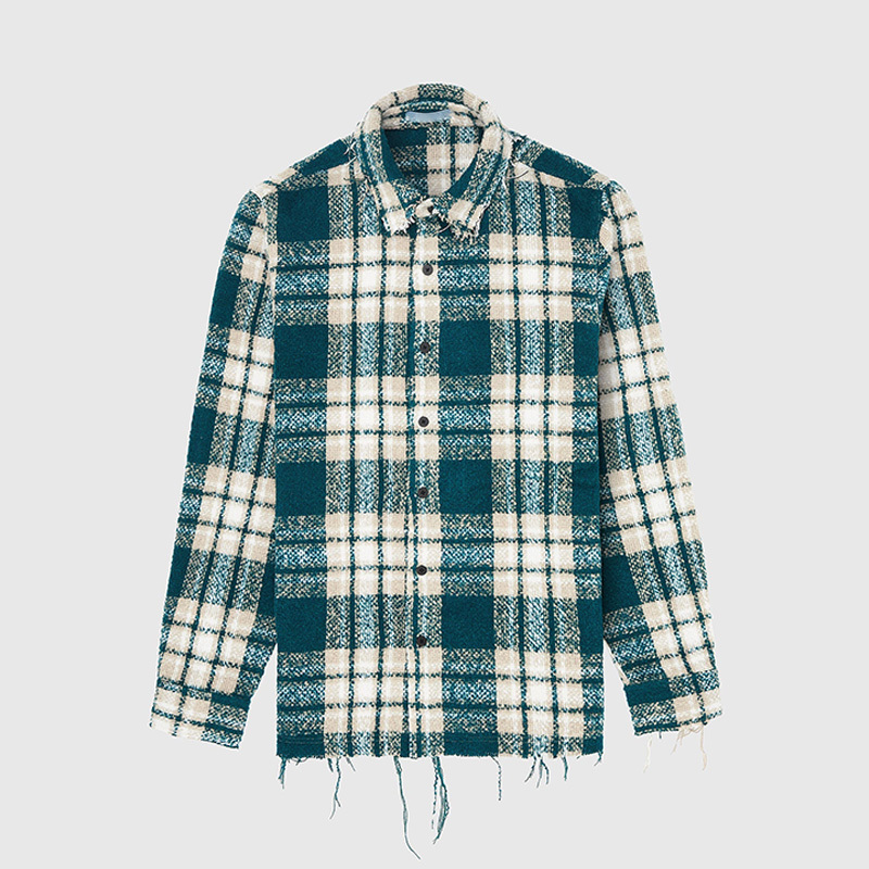 Wholesale Raw Edge Plaid Shirt Custom Distressed Textured Check Flannel Shirts