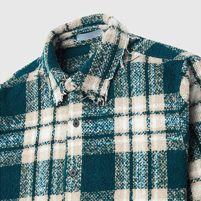 Wholesale Raw Edge Plaid Shirt Custom Distressed Textured Check Flannel Shirts