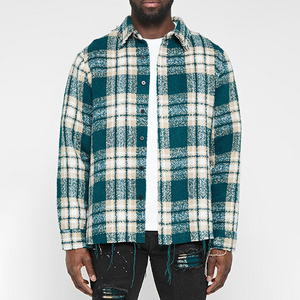 Wholesale Raw Edge Plaid Shirt Custom Distressed Textured Check Flannel Shirts