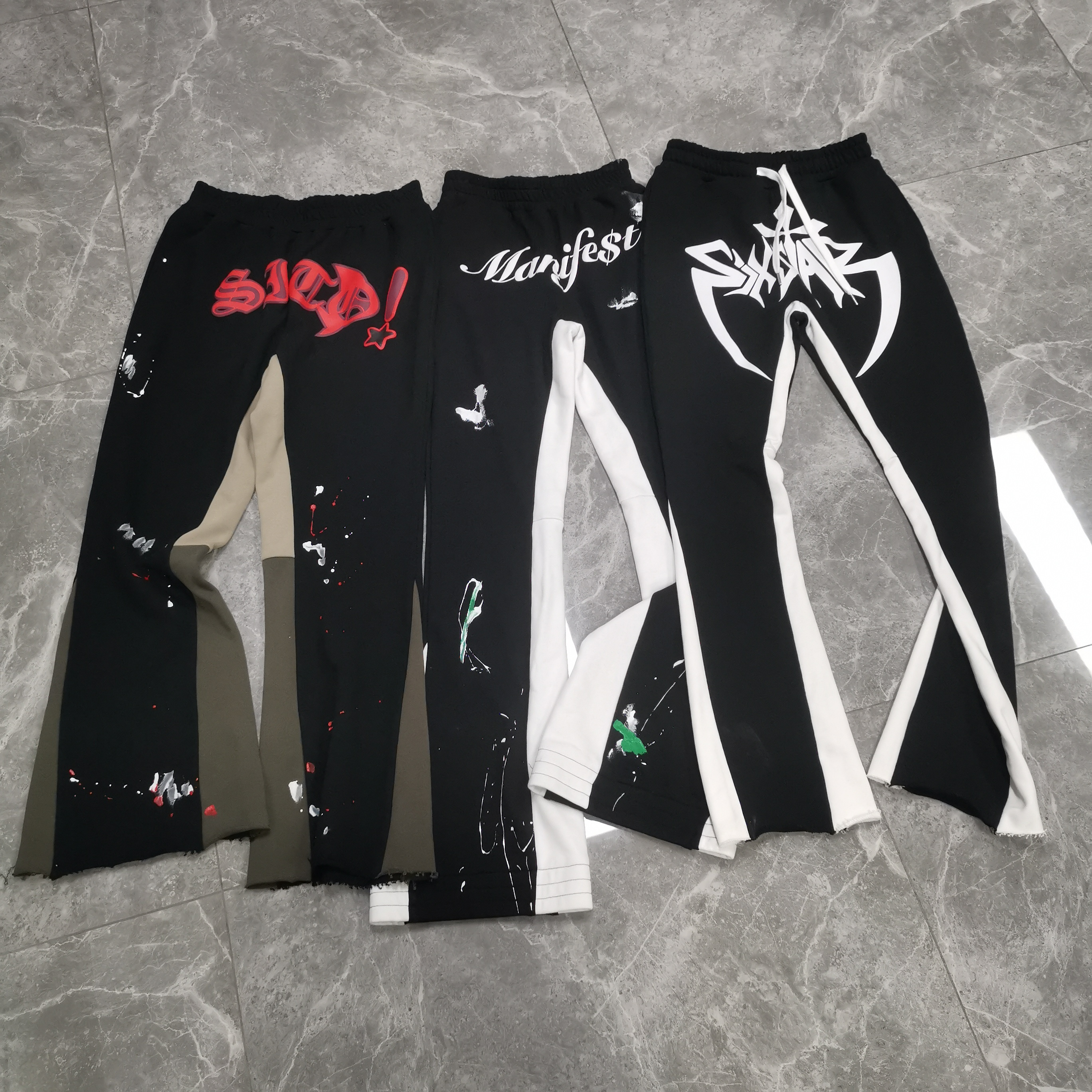 Stack Pant Flare Sweatpants High Quality Custom Men Jogger Sweat Pants Patchwork Graffiti Paint Splatter Elastic Men Flare Pants