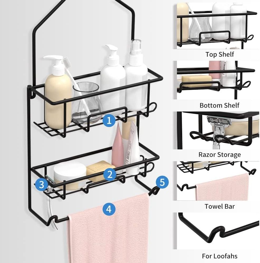 Shower Caddy Hanging over Shower Head with 10 Hooks for Razor Large Shampoo Holder Shower Hanger Rack Bathroom Organizer