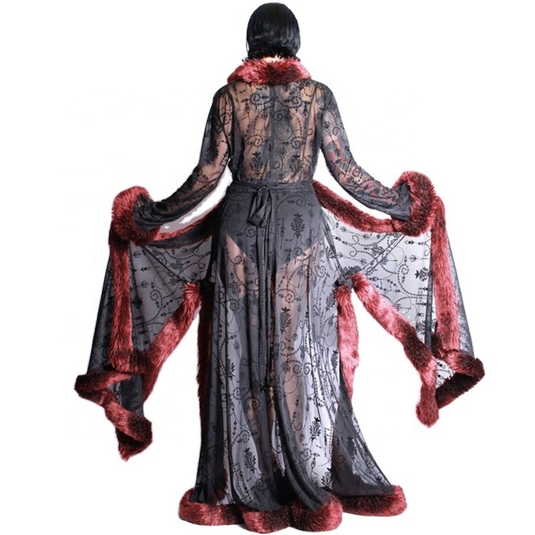 Women Mesh Robe Kimono Black Long Vintage Sheer See Through Sexy Lingerie Bridal Sleeping Gown with Fur