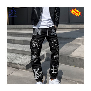 XINYI Custom Logo Designer High Quality Waist Denim Fabric Embroidered Rhinestone Patches Baggy Men's Jeans