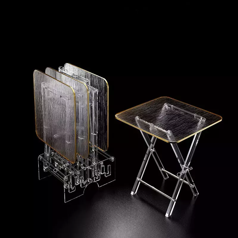 Factory Price Transparent Clear Acrylic Folding Coffee Table Service Table With Gold Rim