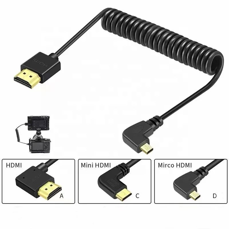 China Ultra Slim 18Gbps 4K 60Hz 3D 1080P 90 Degree Right Angle Mini HDMI Micro HDMI Male To HDMI 2.0 Male Spiral Coiled Cable