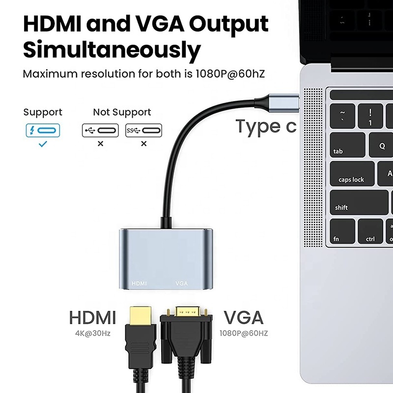 USB C To VGA HDMI Adapter 2 In 1 Aluminum Alloy USB 3.1 Type C Type-C To HDMI 4K 30Hz VGA 1080P Converter Adapter Cable 4K*2K