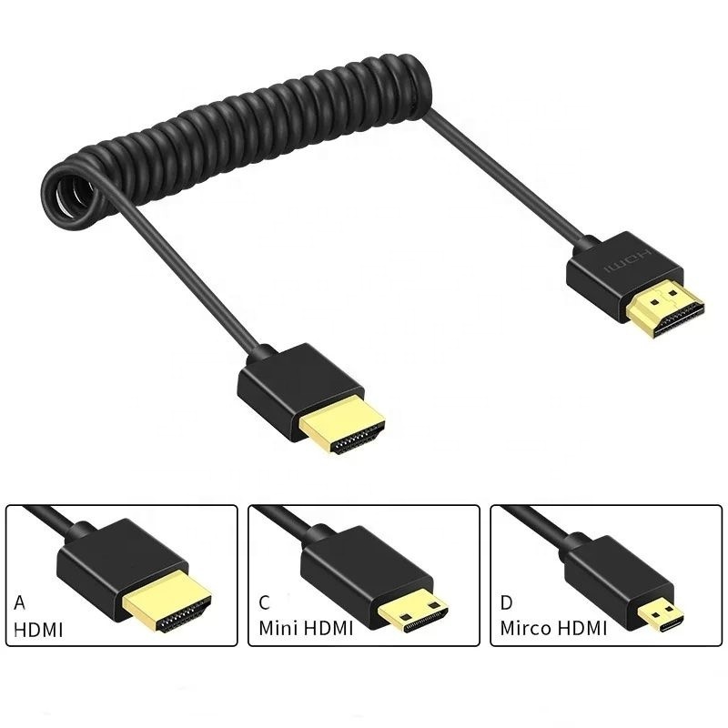 China Ultra Slim 18Gbps 4K 60Hz 3D 1080P 90 Degree Right Angle Mini HDMI Micro HDMI Male To HDMI 2.0 Male Spiral Coiled Cable