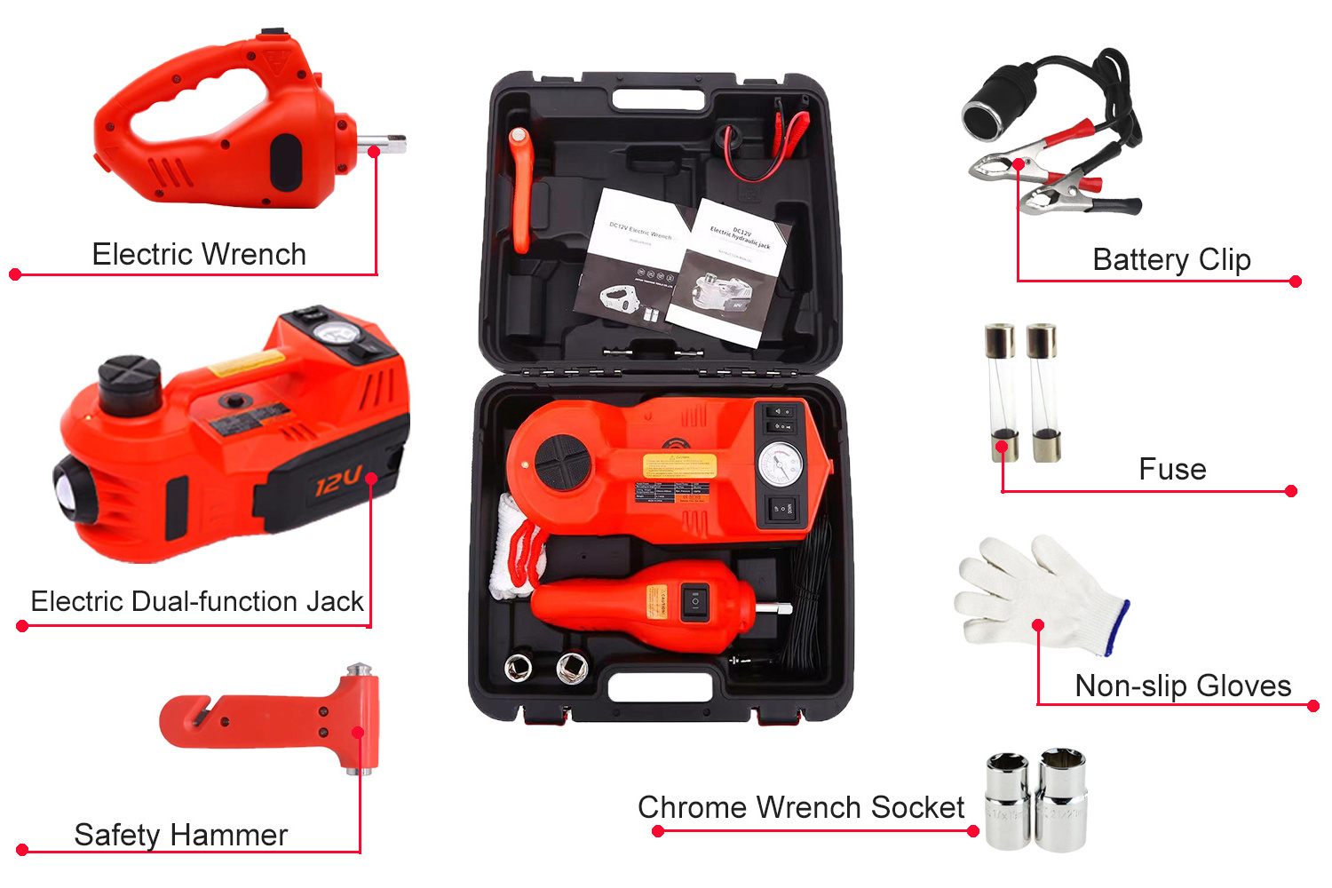 5 in 1 Electric Hydraulic Car Jack 5T 12V Car Jacks With Impact Wrench Tire Inflator Built-in LED light