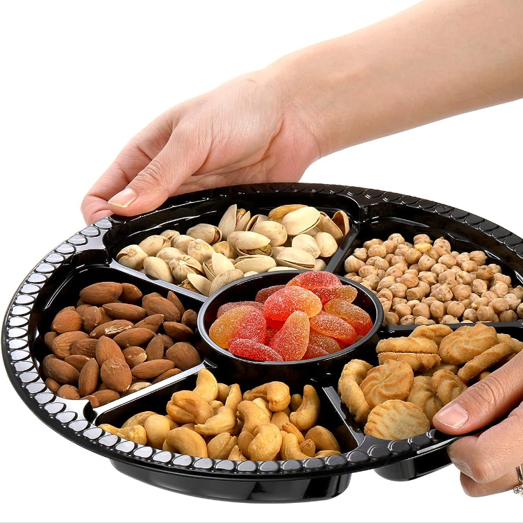 12 Inch Disposable Serving Trays And Platters 6 Compartments Plastic Food Tray Round 6 Sectional Round Plastic Serving Tray