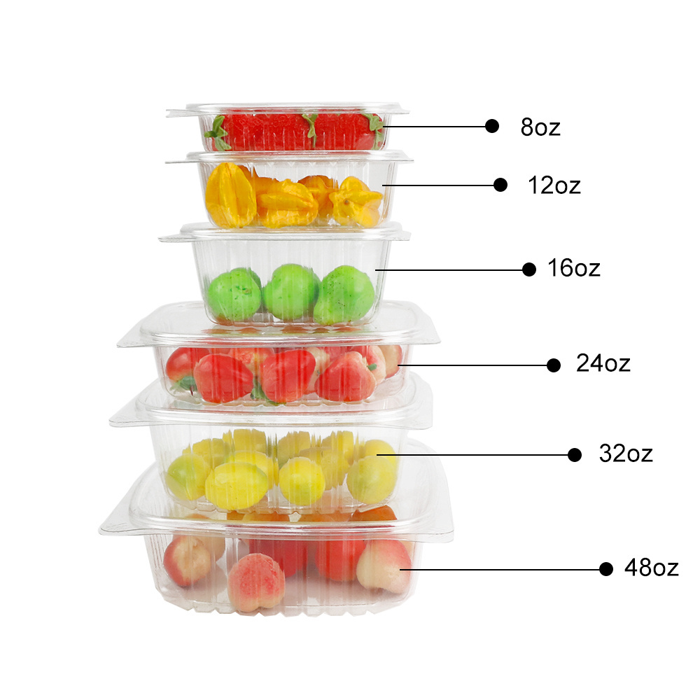 8oz 12oz 16oz 24oz 32oz 48oz Reusable Clear Plastic PET Hinged Clamshell Fruit Salad Box Packaging Deli Food Container