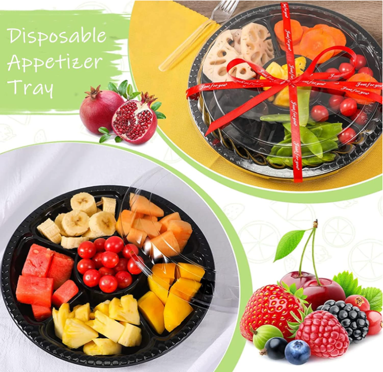 12 Inch Disposable Serving Trays And Platters 6 Compartments Plastic Food Tray Round 6 Sectional Round Plastic Serving Tray