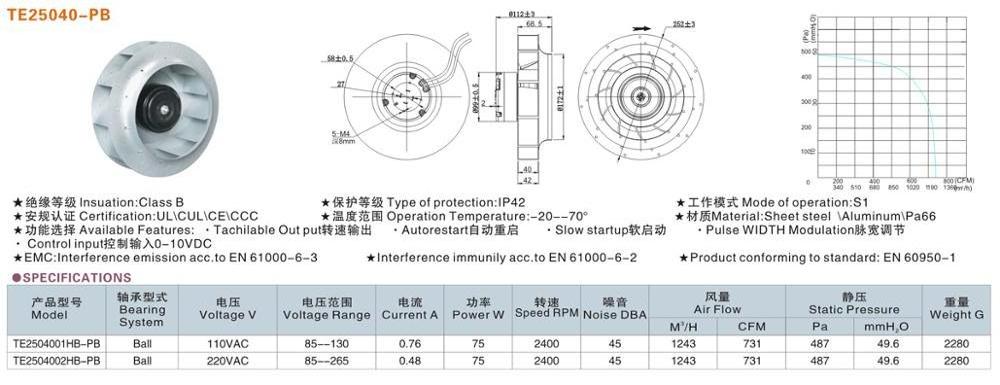 Toyon  aluminum impeller 250mm backward curved centrifugal fan