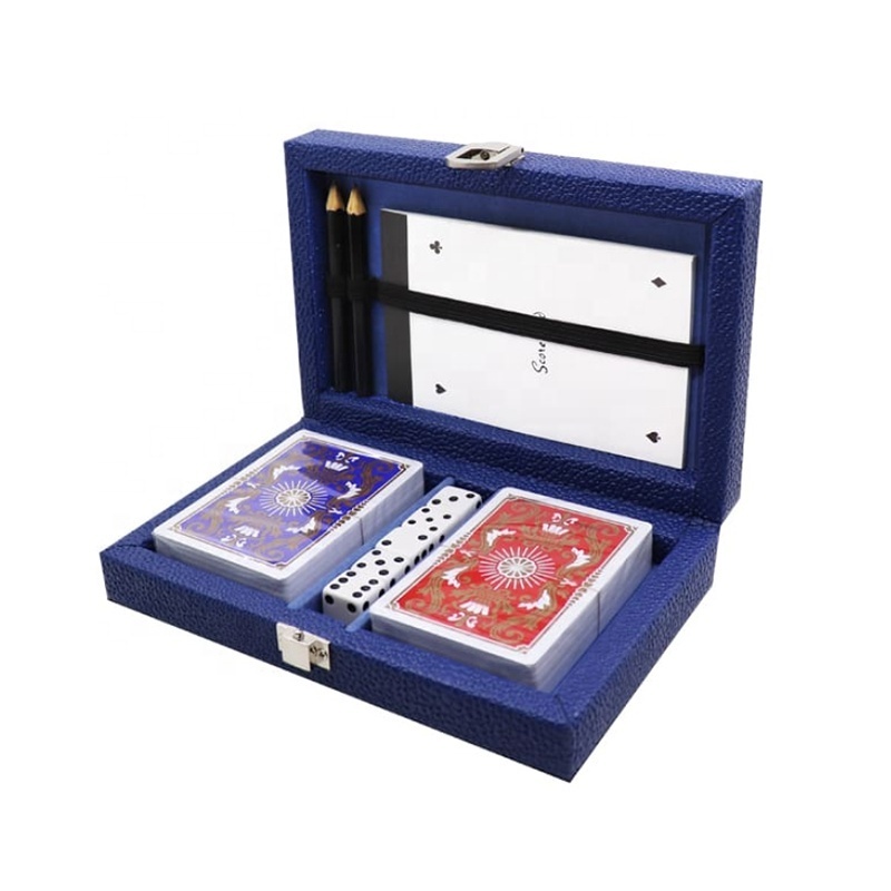 Luxury wooden pu leather box two deck playing cards poker game set with pen and notebook poker chip game set