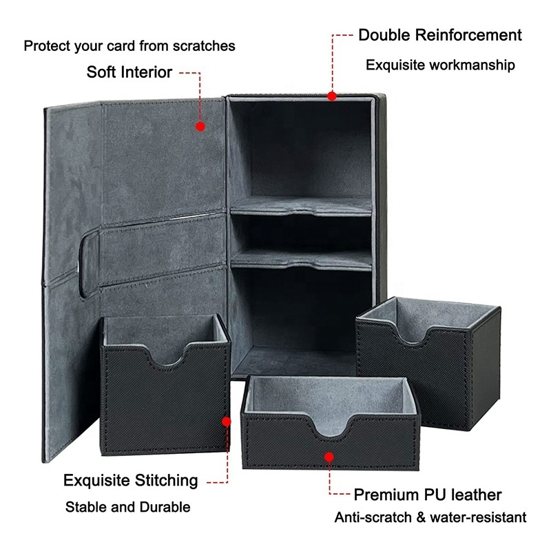 Premium PU Leather black  Sleeved Cards X-Large Magnetic Deck Boxes Card Box Deck Storage Case with 3 Tray