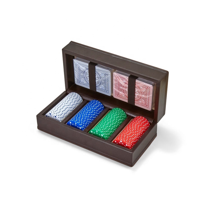 Luxury wooden pu leather two deck of playing cards poker game set Leather Rectangular Playing Card Box 100pcs poker chip set