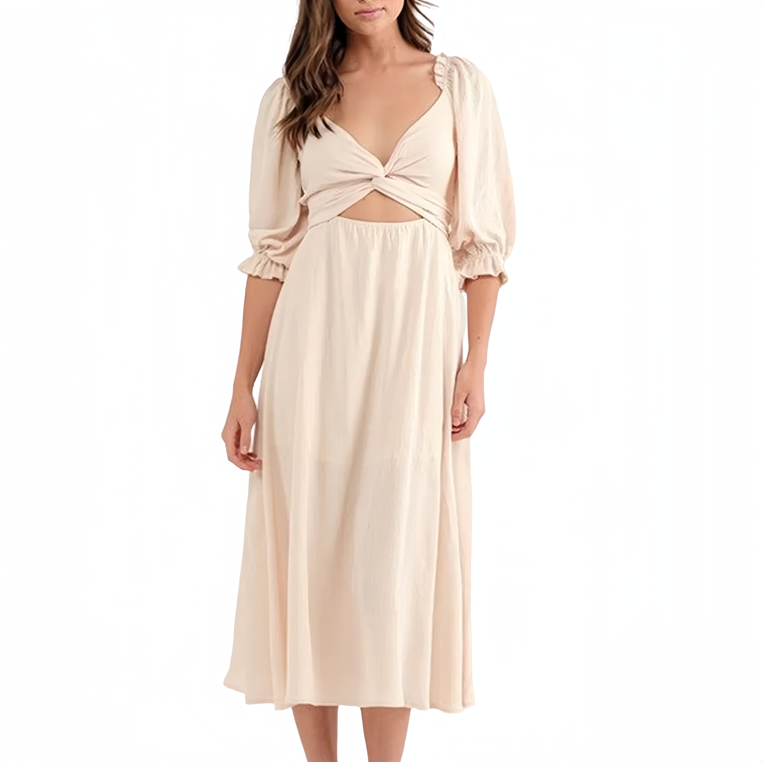 Cutout Sun Dresses Summer Women Casual Puff Sleeve Cross Tie Maxi Dress for Ladies Elegant Wrap Dress