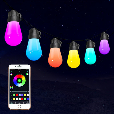 48FT Color Changing Outdoor Lights, Upgraded RGB LED String Lights Music Sync with Dimmable Edison Bulbs Shatterproof