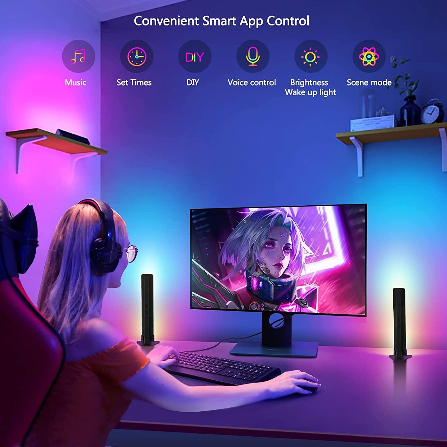 Smart Ambient Light Bar Adjustable Wall Lights Sync with Music Gaming Table Lamp Mood Light for Room PC TV Party