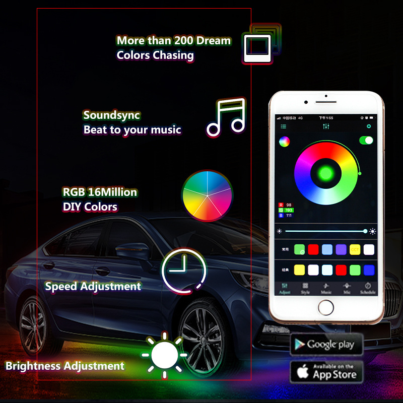 IC Dream Color Under Glow Car Light Kit Flexible Car Underglow LED Strip Light RGB IP68 Best Waterproof 6pcs 50cm 120cm 60W 5050