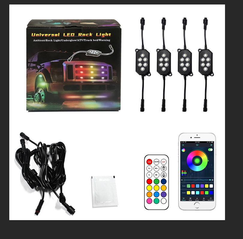 RGBW LED Rock Lights for Truck App Remote Car Light Accessories RGB 12 Months App and Remote Control 2.4W*4 Pods IP68