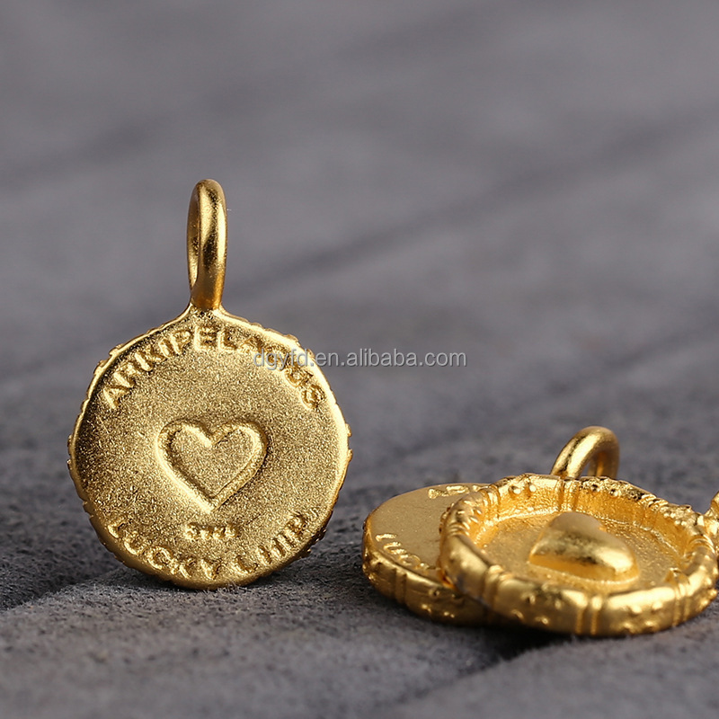 Custom 925 Sterling Silver Gold Sandblasted Round Disc Charm Pendant Necklace with Puffed Heart Charm Medallion Women Jewellery