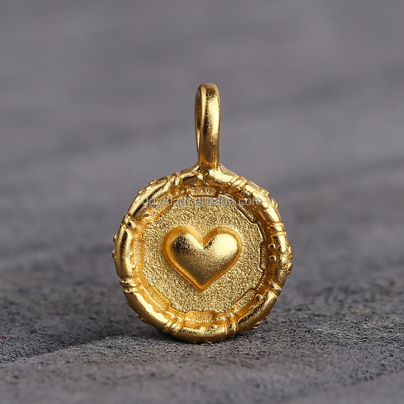 Custom 925 Sterling Silver Gold Sandblasted Round Disc Charm Pendant Necklace with Puffed Heart Charm Medallion Women Jewellery