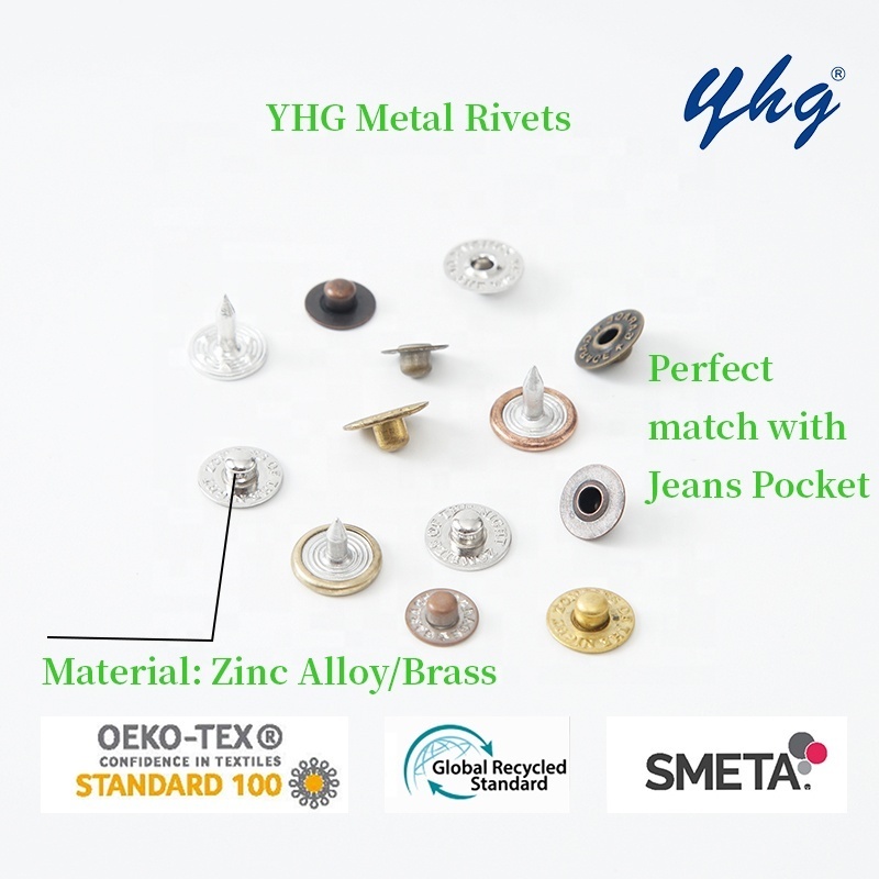 YHG OEM High Quality Engraved Round Custom Logo Metal Brass Zinc Alloy Botones Rivets Jean Button for Clothing