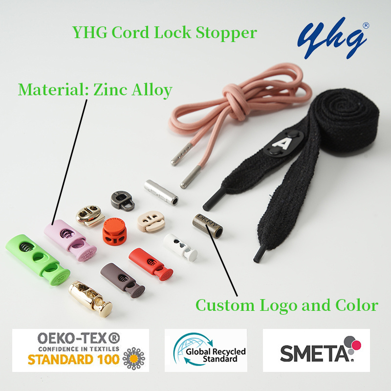 YHG Decorative Engraved Custom Logo Metal Zinc Alloy Stopper Cord Lock with String