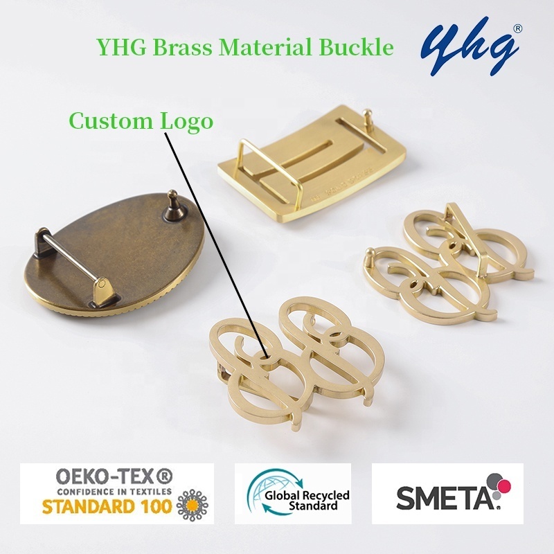 YHG Embossed Luxury Custom Logo Brass Letter Metal Belt Buckles for Leather Pant Fashion Clothes