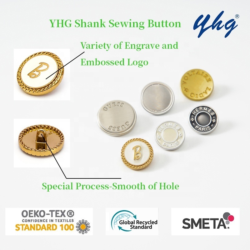 YHG Oeko-Tex Decorative Custom Logo Embossed Golden Sewing Botones Zinc Alloy Brass Shank Metal Button for Coat Jacket