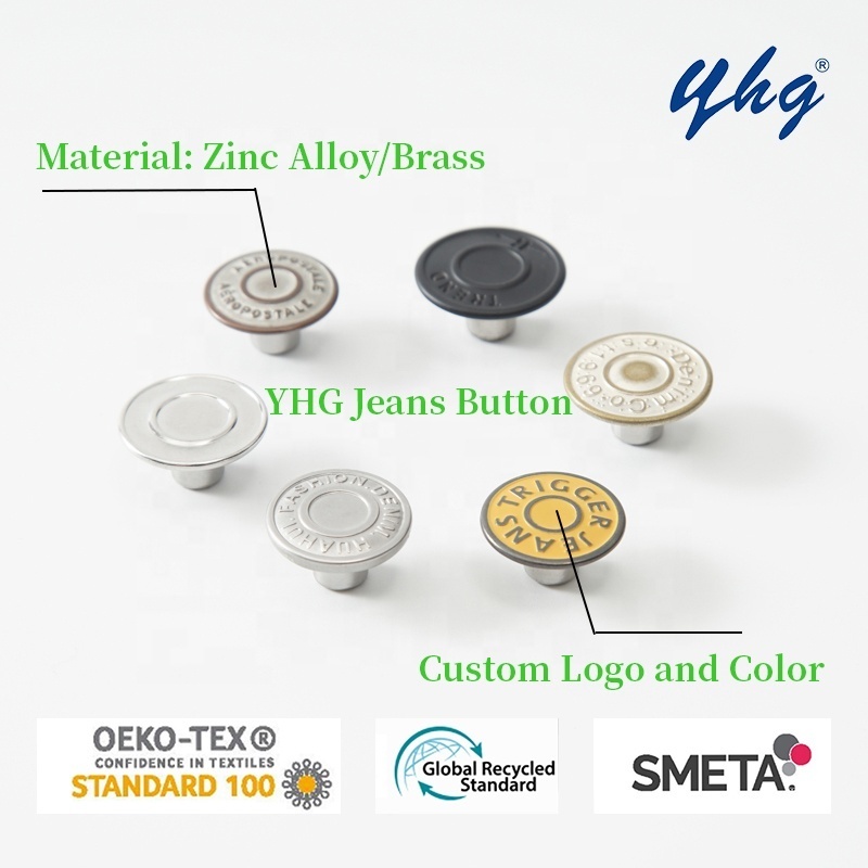 YHG OEM High Quality Engraved Round Custom Logo Metal Brass Zinc Alloy Botones Rivets Jean Button for Clothing