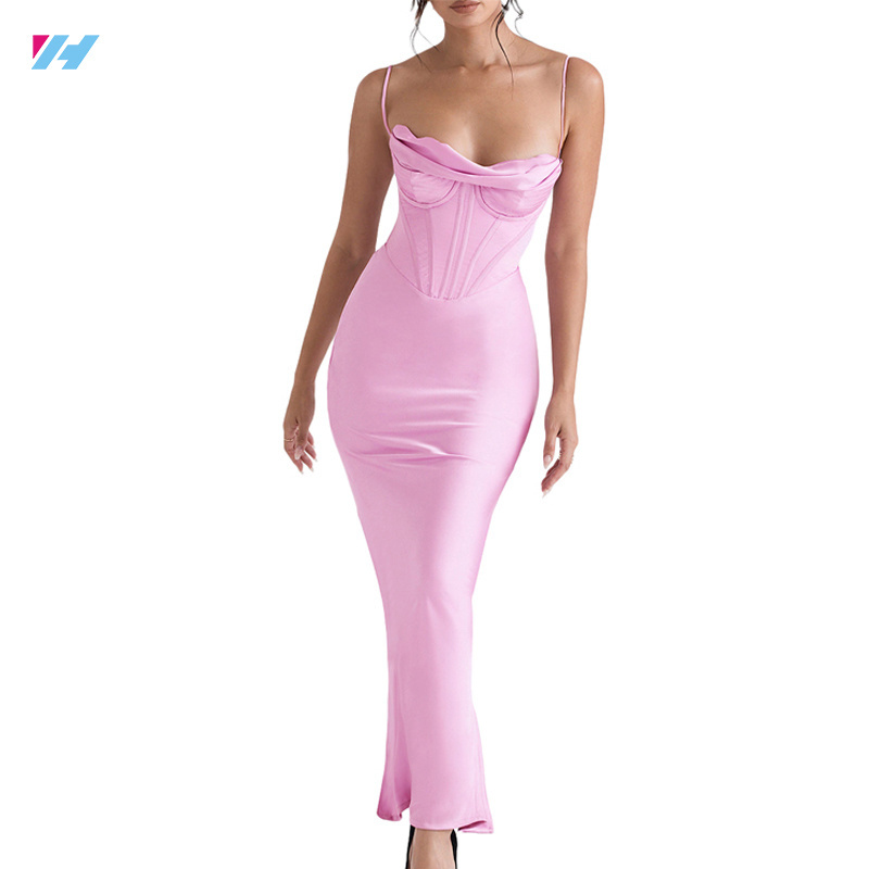 Custom High Quality Lady Elegant Sexy Satin Pink Corset Dresses Luxury Sleeveless Slip Maxi Dress For Women