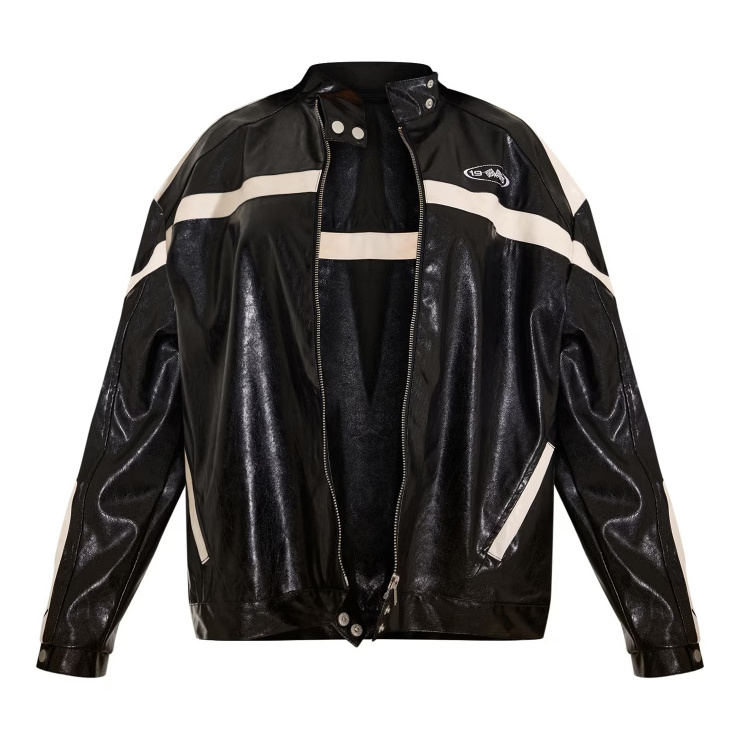 Black Leather Striped Racing Jackets Womens Zipper Up Custom Embroidered Leather Motorcycle Jacket