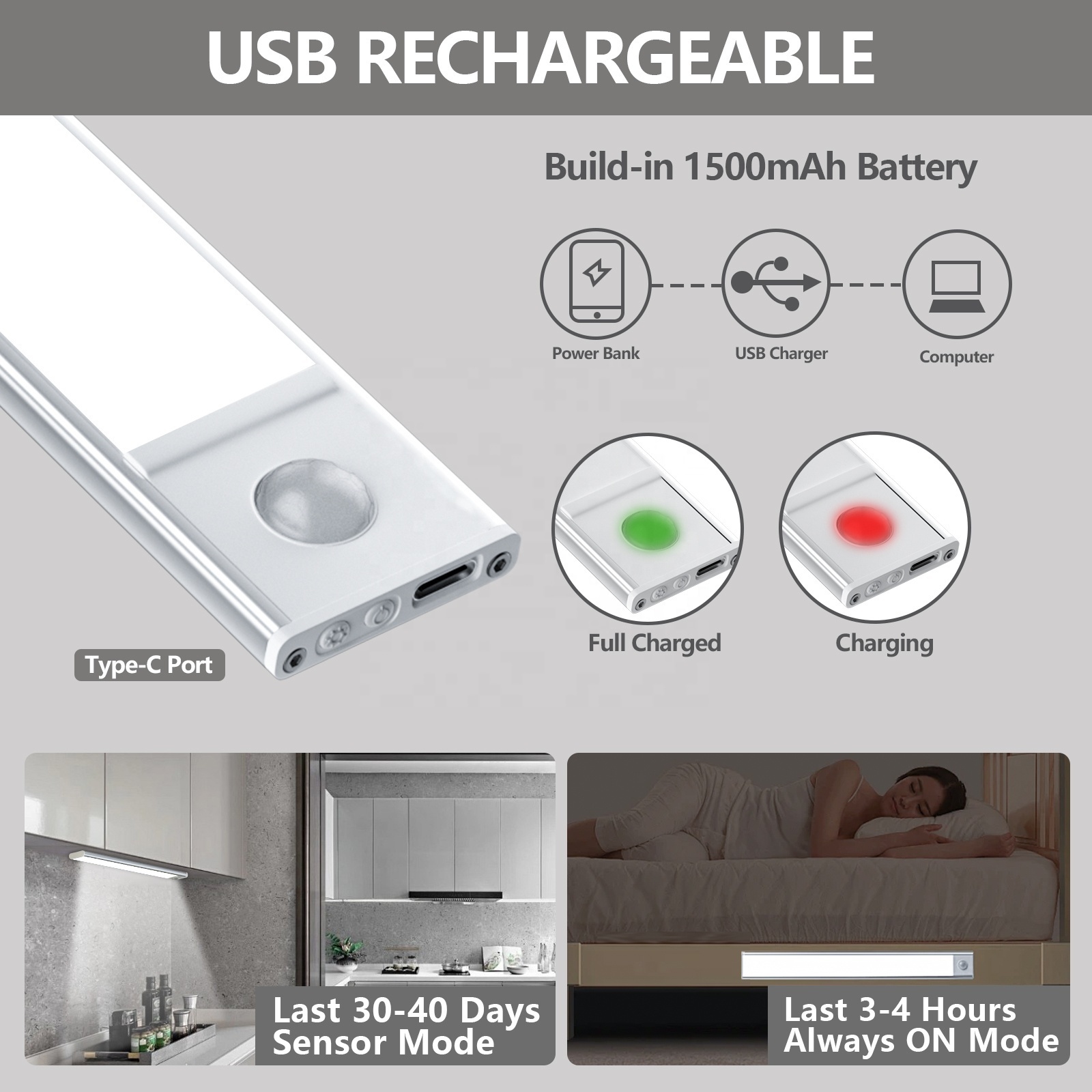 Ultra-Thin Soft LED Closet Lights with Motion Sensor Rechargeable and Battery Operated Wireless under Counter Cabinet Lights