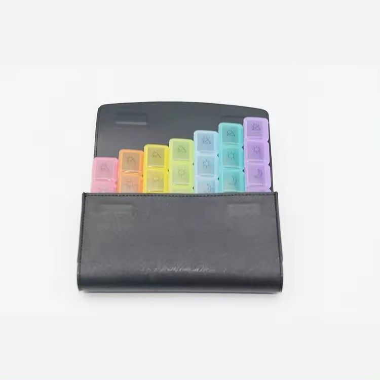 Leather Pill Organizer 7 Day 28 Compartment Travel Portable Pill Box