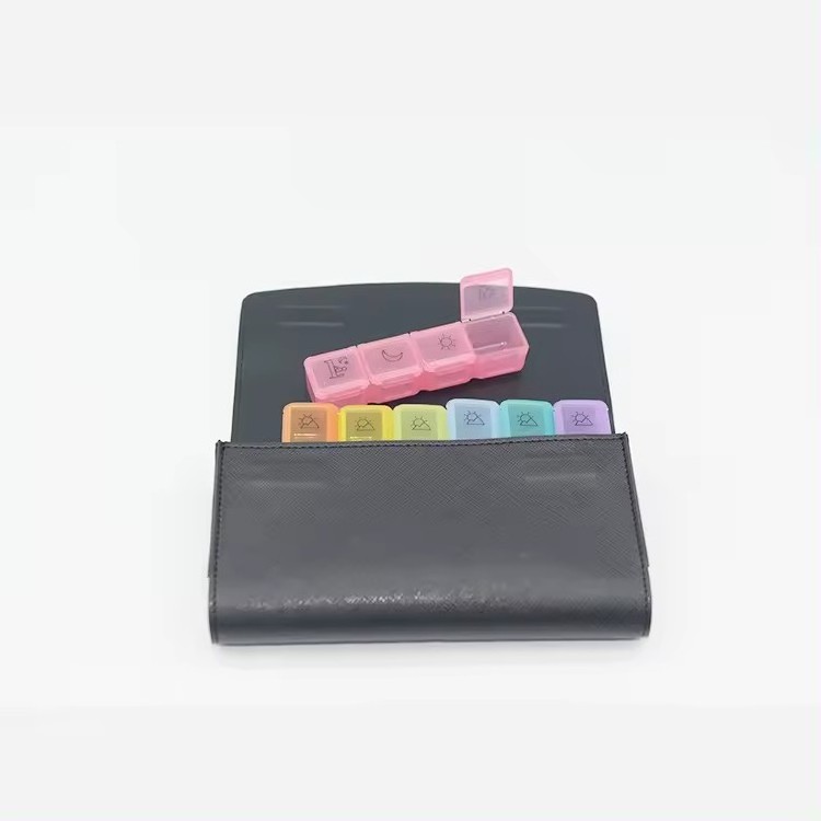 Leather Pill Organizer 7 Day 28 Compartment Travel Portable Pill Box